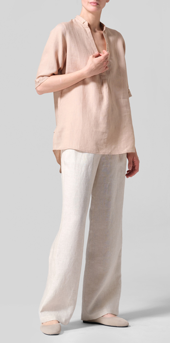 Beige Linen V-Neck Three-quarter Sleeves Shirt Set