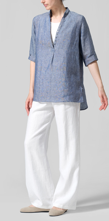 Two Tone Denim Linen V-Neck Three-quarter Sleeves Shirt Set