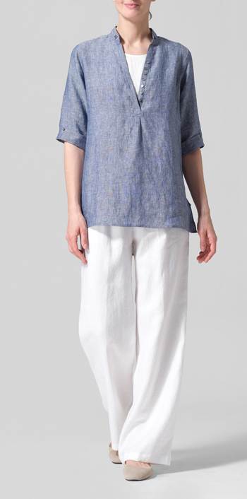 Two Tone Denim Linen V-Neck Three-quarter Sleeves Shirt Set