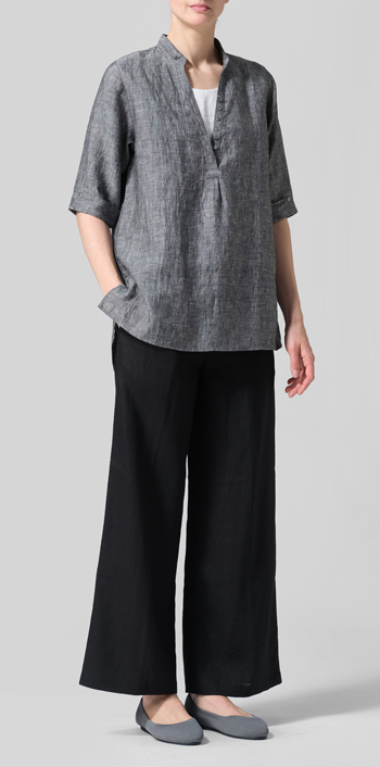 Two Tone Black Linen V-Neck Three-quarter Sleeves Shirt Set