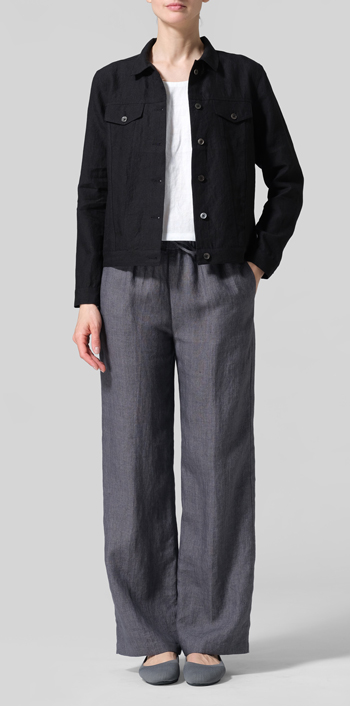 Black Linen Button Front Cropped Jacket