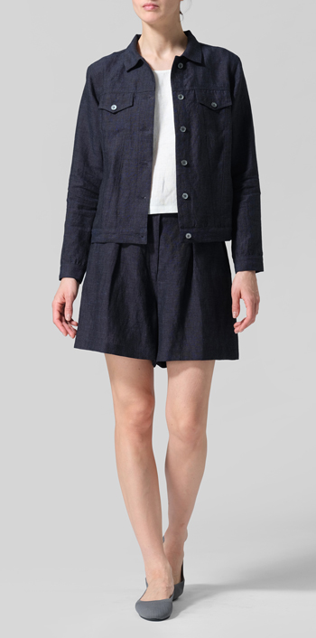 Denim Linen Button Front Cropped Jacket Set