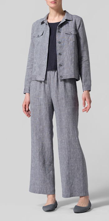 Two Tone Navy White Linen Button Front Cropped Jacket Set