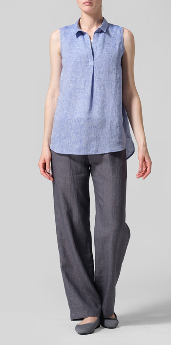 Blue Linen Sleeveless Collar Shirt Top
