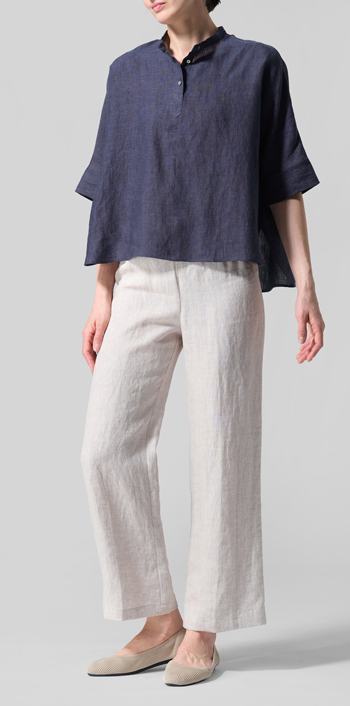 Denim Linen Mandarin Collar Boxy Shirt