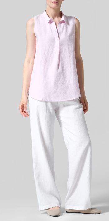 Soft Pink Linen Sleeveless Collar Shirt Top