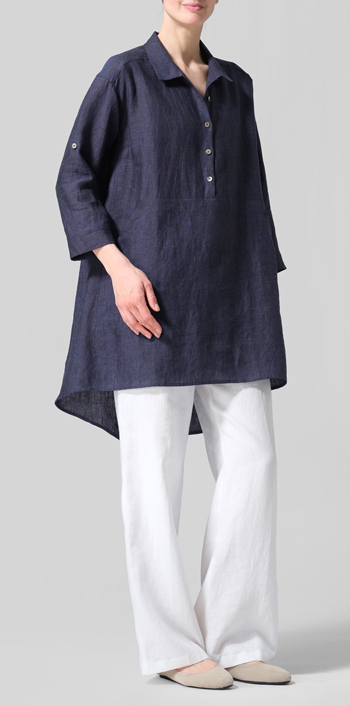Dark Denim Linen Classic Collar A Shape Tunic