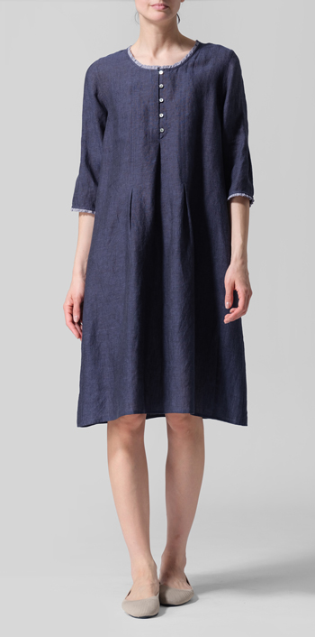 Dark Denim Linen Embroidered Hemline Dress
