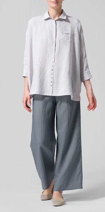 Two Tone Light Gray Linen Raglan Sleeves Loose Woman Shirt