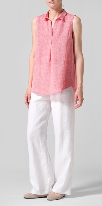 Two Tone Red Linen Sleeveless Collar Shirt Top