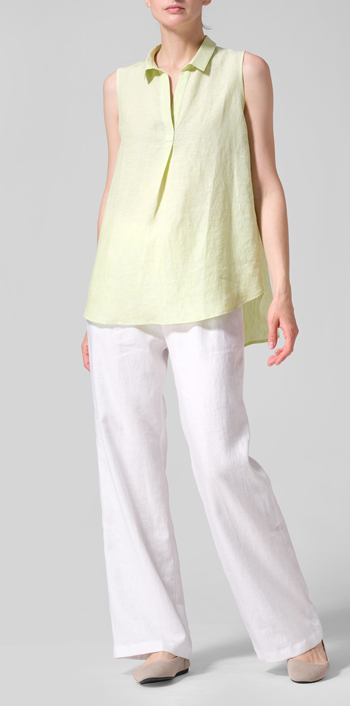 Lime Linen Sleeveless Collar Shirt Top