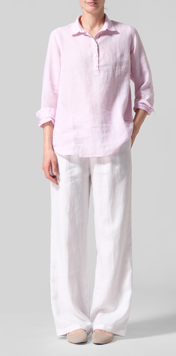 Soft Pink Linen Lapel Long Sleeve Comfort Shirt