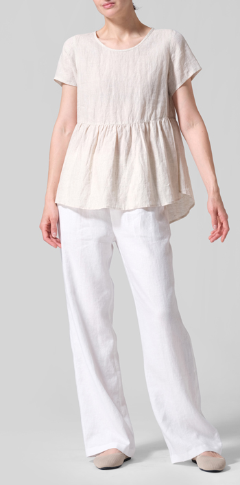 Oat Linen Short Sleeve Pleated Blouse