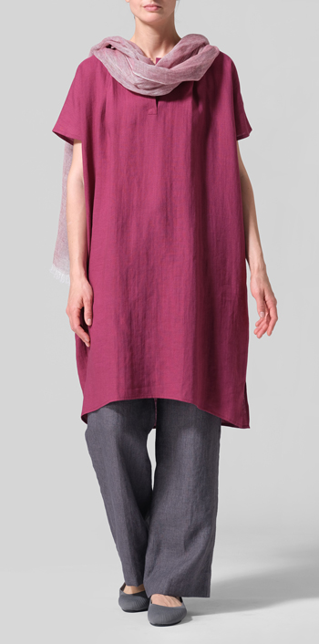 Red Violet Linen Straight Cut V-neck Pleated Tunic Set
