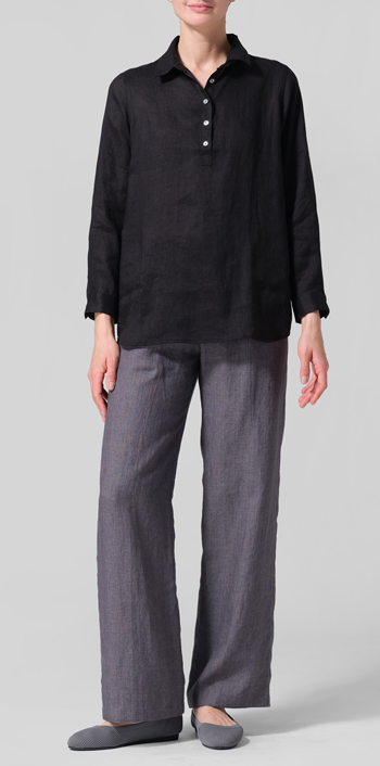 Black Linen Lapel Long Sleeve Comfort Shirt