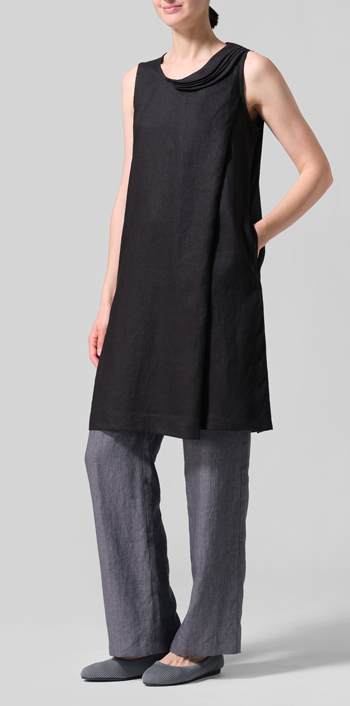 Black Linen Pleated A-Line Dress Set