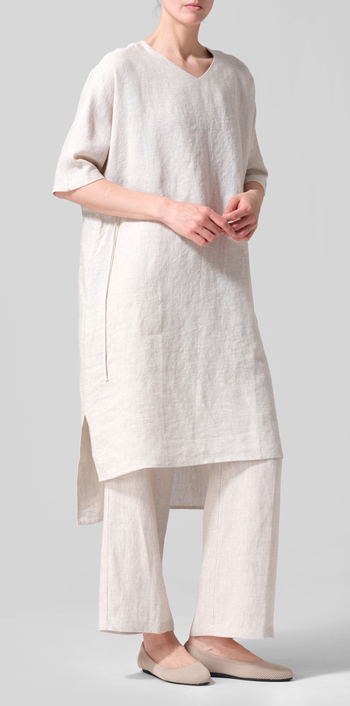 Oat Linen Drawstring Half Sleeve Tunic Dress