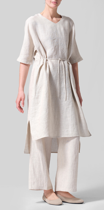 Oat Linen Drawstring Half Sleeve Tunic Dress