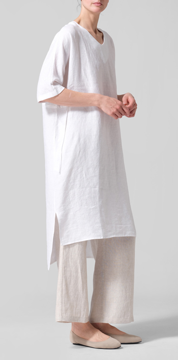 White Linen Drawstring Half Sleeve Tunic Dress