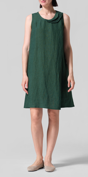 Green Linen Pleated A-Line Dress
