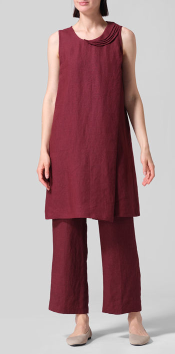 Red Linen Pleated A-Line Dress Set