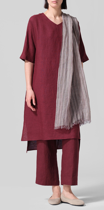 Red Linen Drawstring Half Sleeve Tunic Dress Set