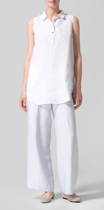 White Linen Sleek Sleeveless Lapel Shirt Top