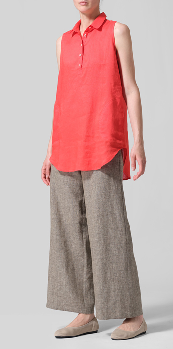Red Linen Sleek Sleeveless Lapel Shirt Top