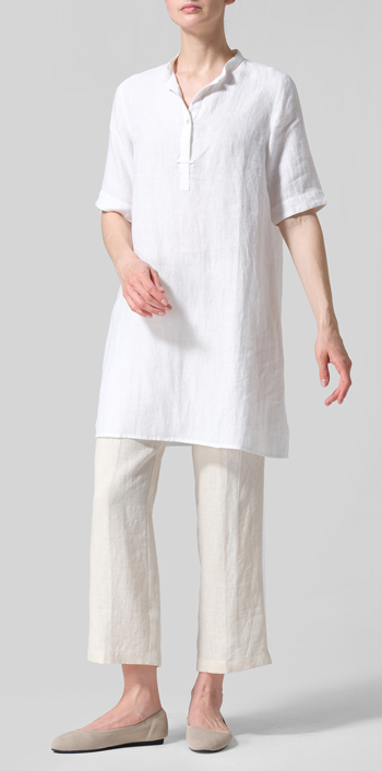 White Linen A-line Tunic With Double-layer Collar
