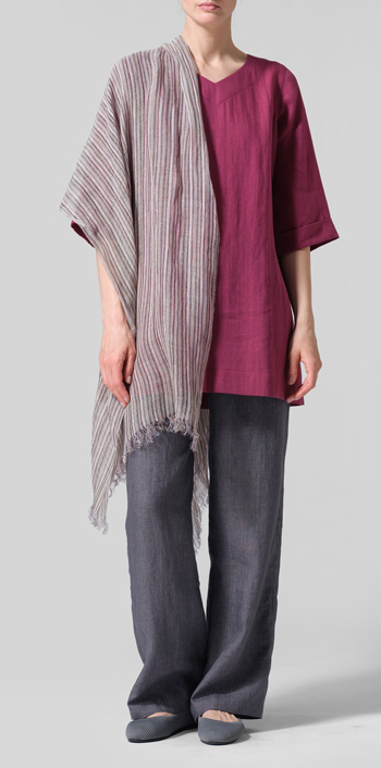 Red Violet Linen Casual Loose-Fit V-Neck Midi Top Set