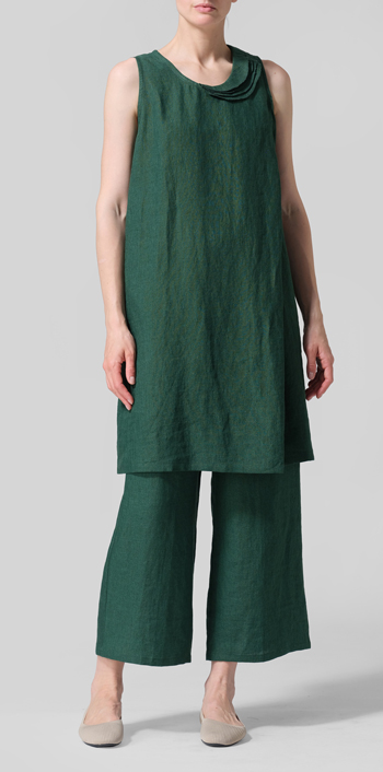 Green Linen Pleated A-Line Dress Set