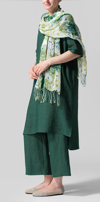 Green Linen Drawstring Half Sleeve Tunic Dress Set