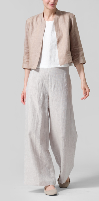Two Tone Beige Linen Open-Front Cropped Jacket
