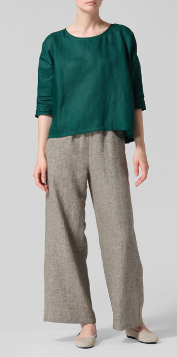 Dark Jade Green Linen Contrast Dropped Shoulder Top