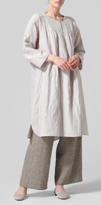 Oat Linen Loose Roll-Tab Sleeve Midi Dress