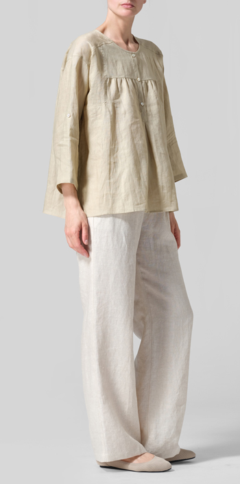 Light Khaki Linen Loose Fit Roll-Tab Sleeve Pleated Blouse