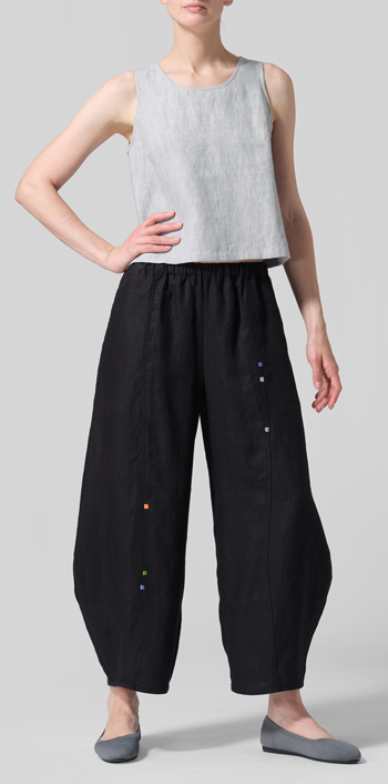 Black Linen Embroidered Cropped Pants