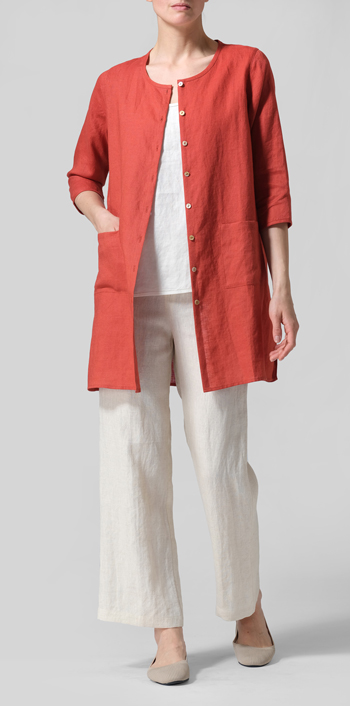 Burnt Orange Linen Three-quarter Sleeve Button Front Top