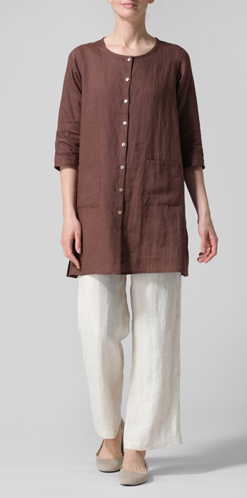 Brown Linen Three-quarter Sleeve Button Front Top