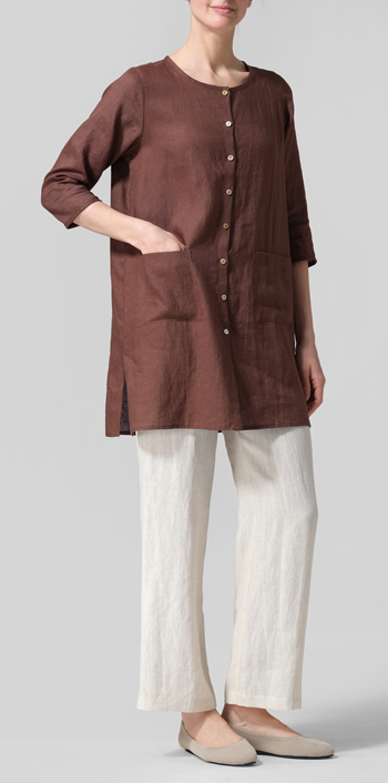 Brown Linen Three-quarter Sleeve Button Front Top