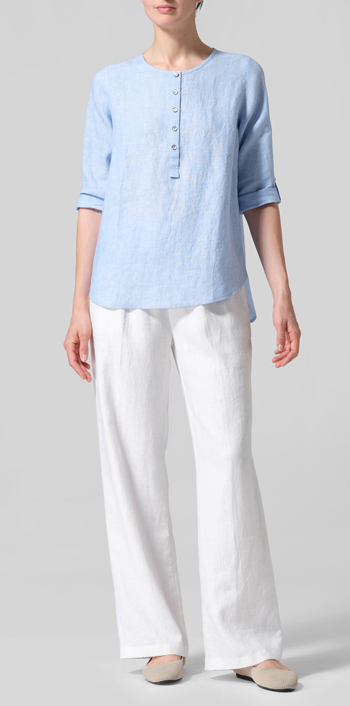 Light Blue Linen Round Neck Half Button Mid-Length Top
