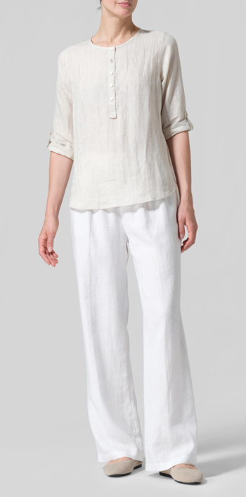 Oat Linen Round Neck Half Button Mid-Length Top