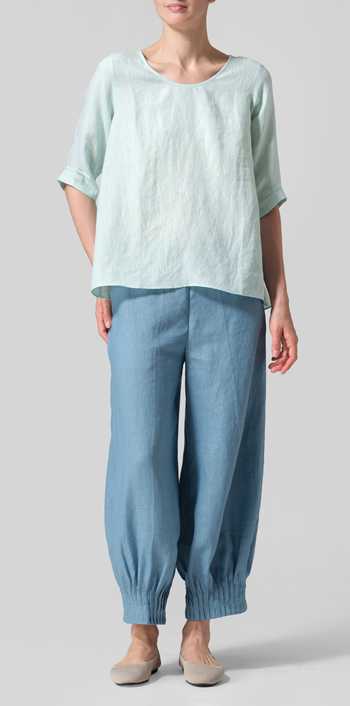 Soft Light Green Linen Relaxed Scoop Neckline A-Shape Blouse