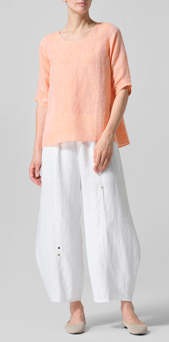 Two Tone Orange Linen Relaxed Scoop Neckline A-Shape Blouse