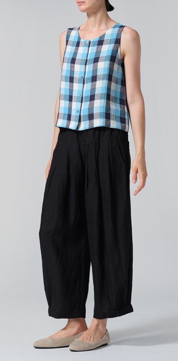 Azure Blue Checker Linen Sleeveless Top Tank
