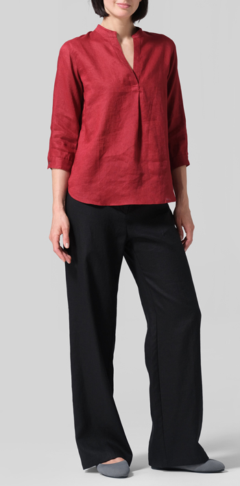 Dull Red Linen Half-Open Collar V-Neck Shirt