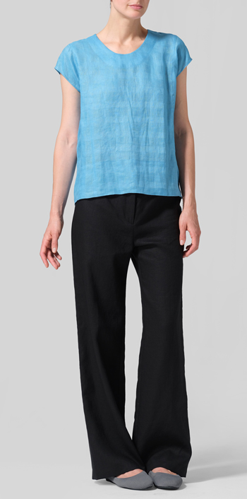 Jacquard Blue Linen Boxy Cap Sleeved Crew Neck Top