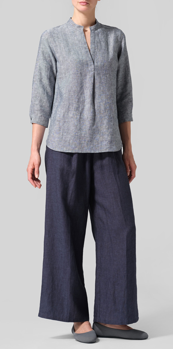 Two Tone Navy White Linen Half-Open Collar V-Neck Shirt