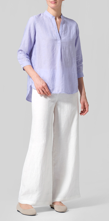Lavender Linen Half-Open Collar V-Neck Shirt