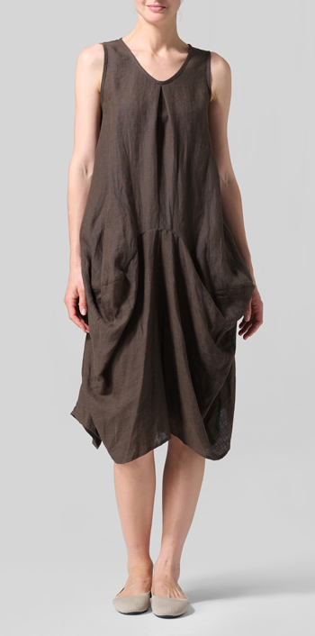 Dark Olive Brown Linen Sleeveless Draped Dress